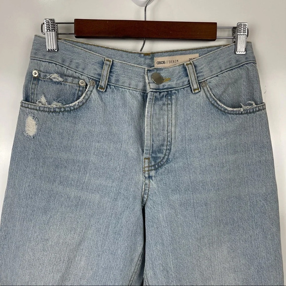 ASOS Denim Distressed Button Fly Straight Leg Crop Mom Jeans Sz 25 - Picture 3 of 11
